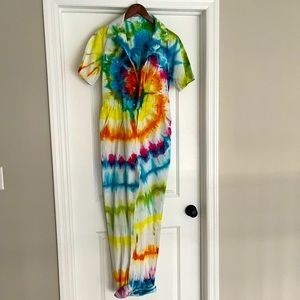 Tie dye jumpsuit. Lightweight denim/cotton. Missing belt. Perfect for festivals!